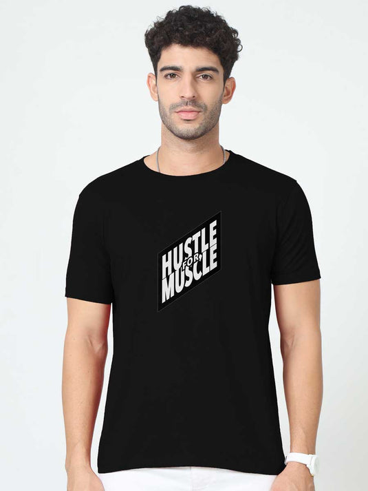 Printed Round Neck Fitness - Hustle For Muscle 2 T-Shirt