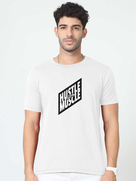 Printed Round Neck Fitness - Hustle For Muscle 2 T-Shirt